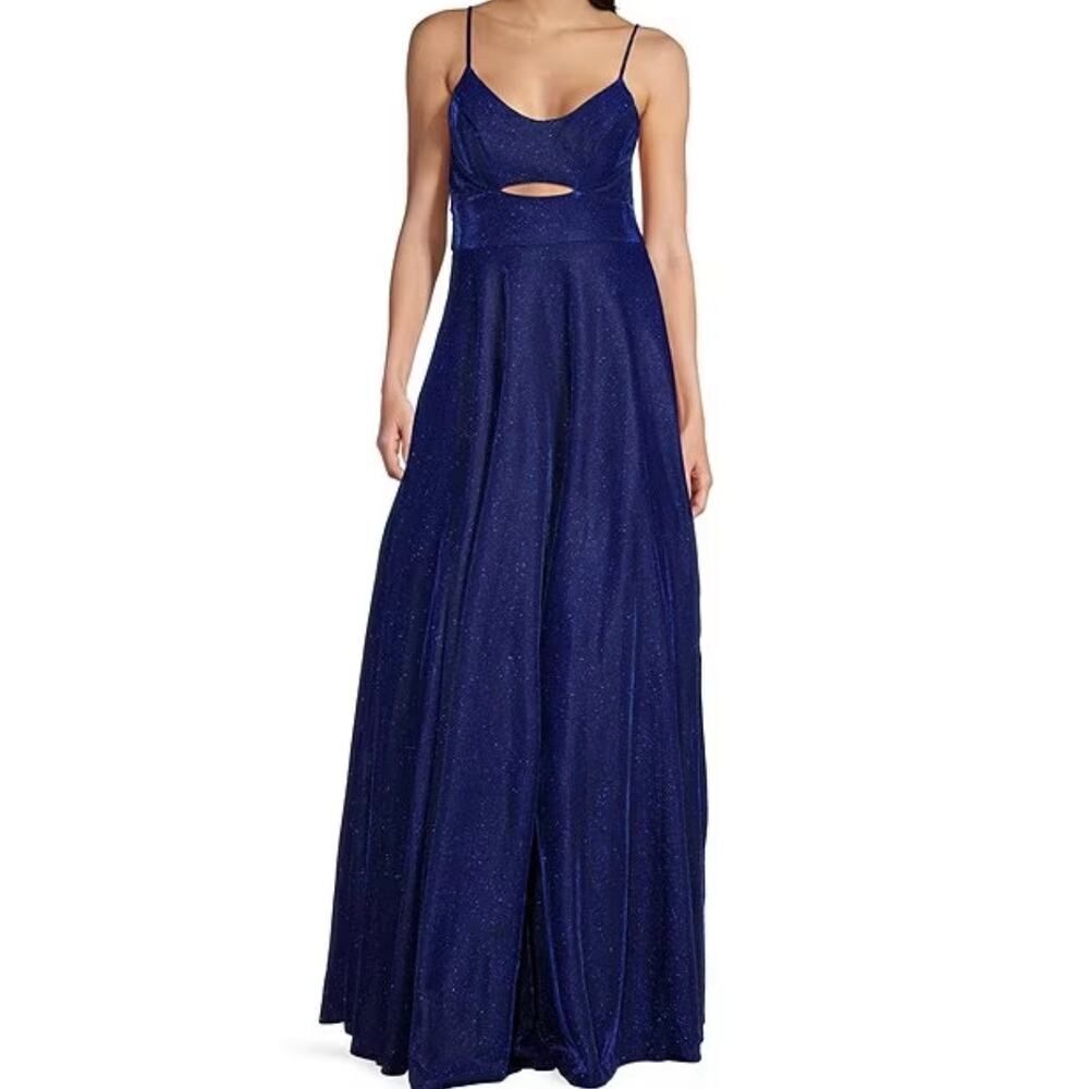 New City Vibe Bright Royal Blue Front Cut-Out Pink Lace Back Gown Size 7